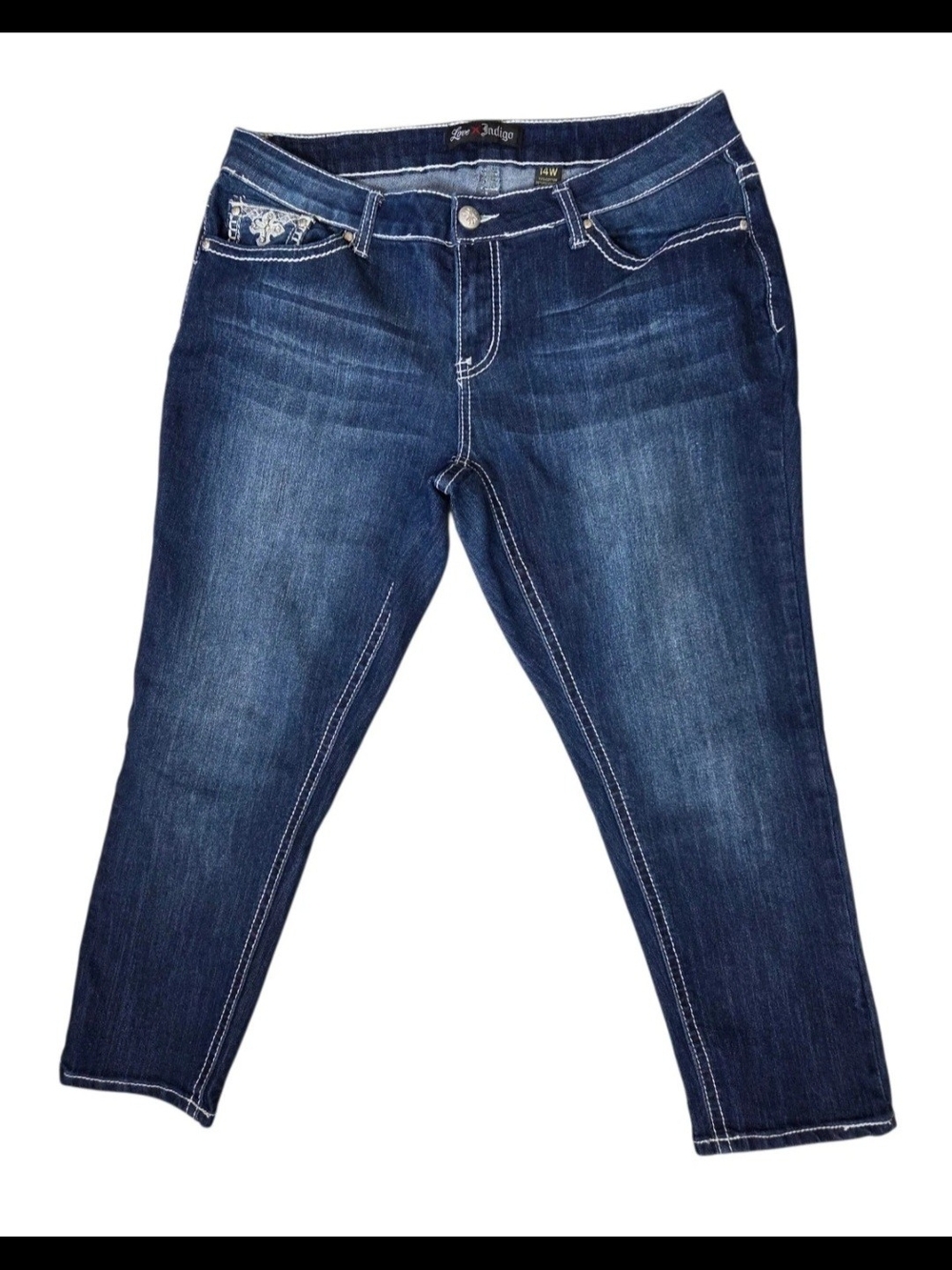 Love Indigo Cropped Stretch Women's Jeans Rhinestone Accents Midrise Size 14